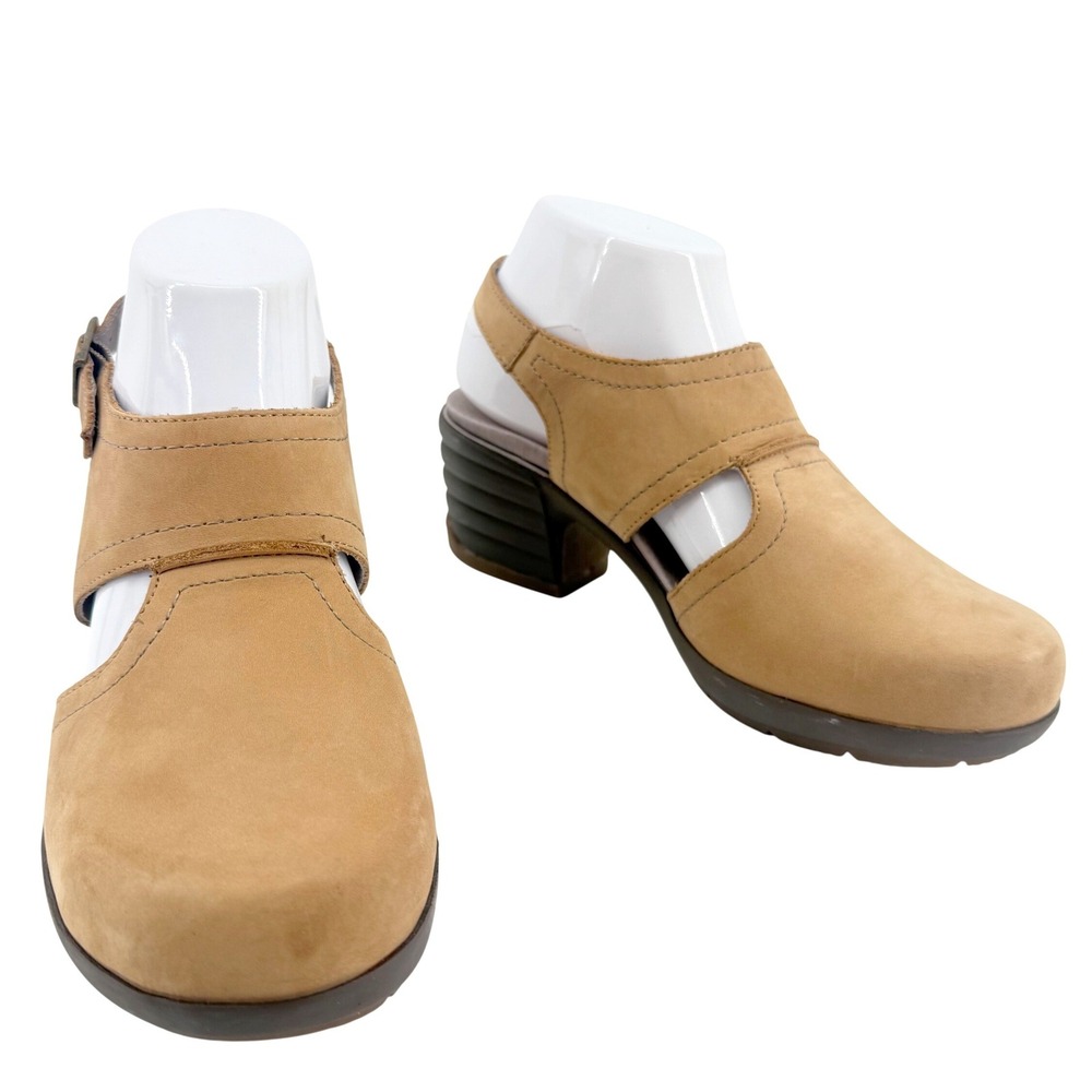 Sanita Leather Slingback Clog Women 8.5/39 Tan Cutout Block Heel Slip Resistant